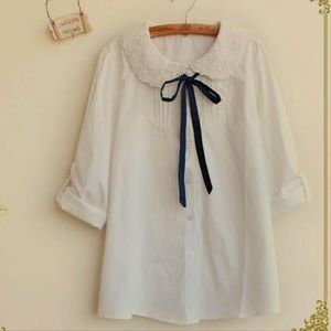 Coquette style white lace collar button up blouse